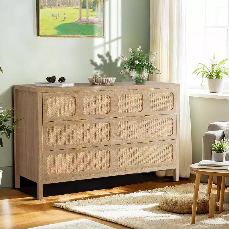 6 Drawer Dresser for Bedroom, Rattan Dresser with Metal Handles, Farmhouse Wood Storage Chest of Drawers for Bedroom, Living Room, Office