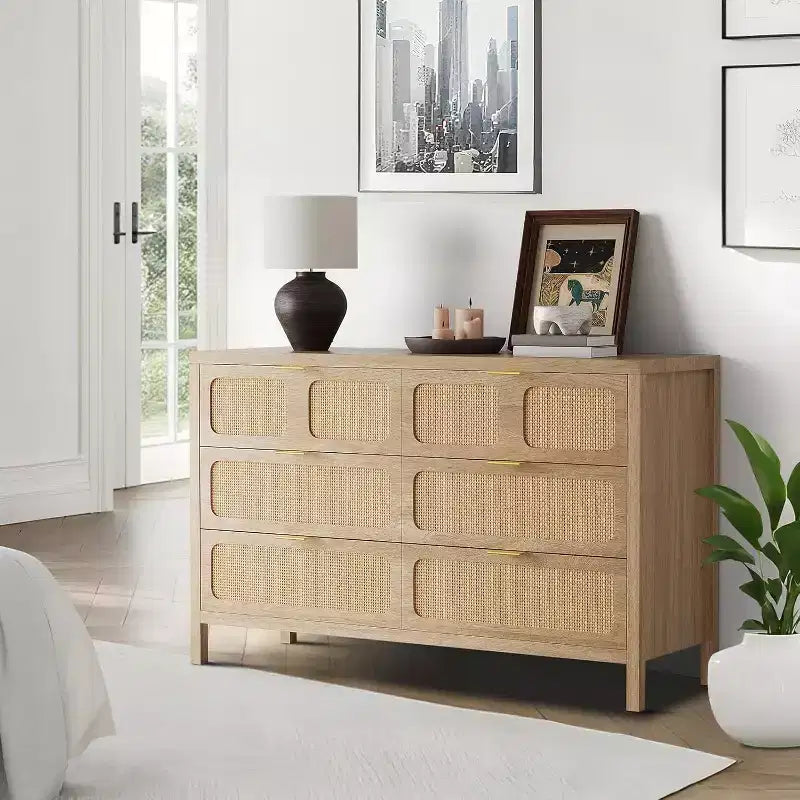 6 Drawer Dresser for Bedroom, Rattan Dresser with Metal Handles, Farmhouse Wood Storage Chest of Drawers for Bedroom, Living Room, Office