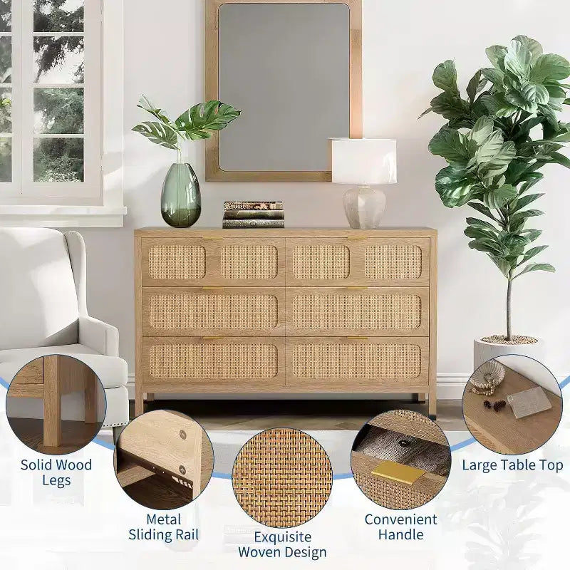 6 Drawer Dresser for Bedroom, Rattan Dresser with Metal Handles, Farmhouse Wood Storage Chest of Drawers for Bedroom, Living Room, Office