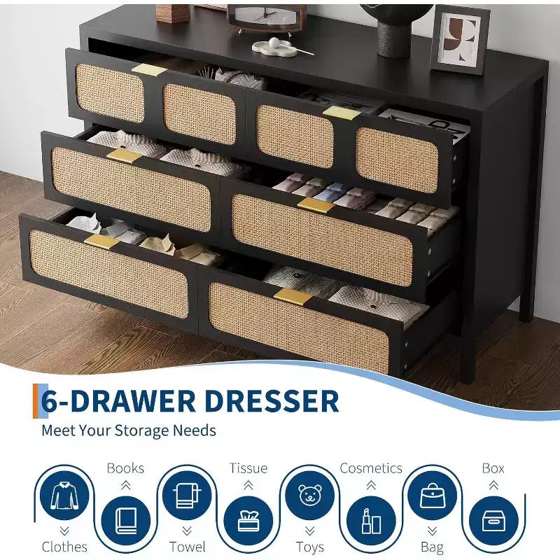 6 Drawer Dresser for Bedroom, Rattan Dresser with Metal Handles, Farmhouse Wood Storage Chest of Drawers for Bedroom, Living Room, Office