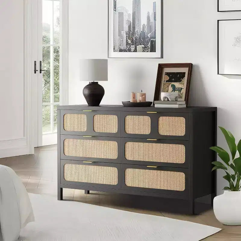 6 Drawer Dresser for Bedroom, Rattan Dresser with Metal Handles, Farmhouse Wood Storage Chest of Drawers for Bedroom, Living Room, Office