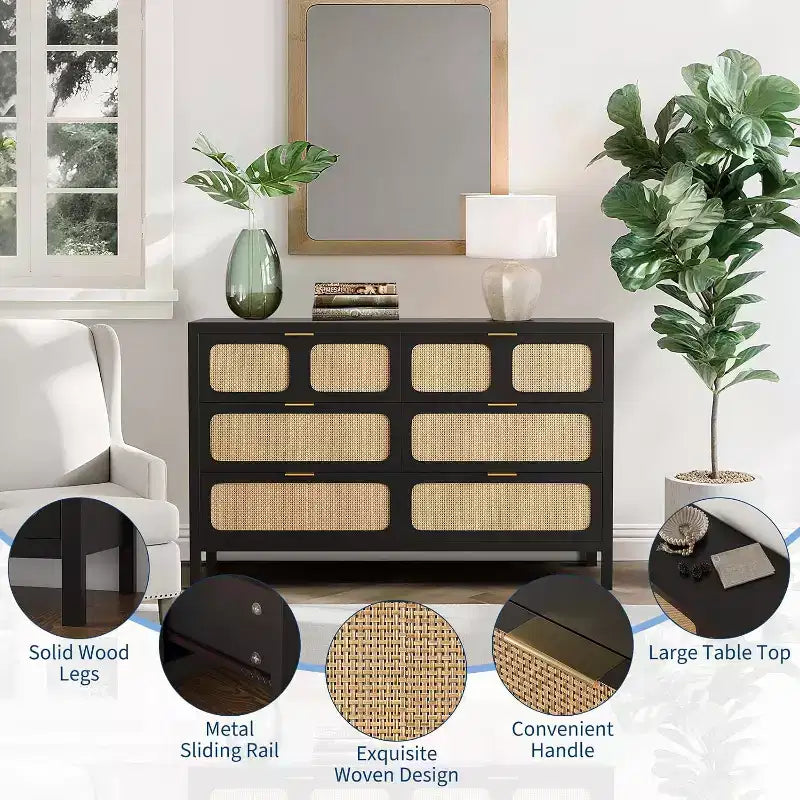 6 Drawer Dresser for Bedroom, Rattan Dresser with Metal Handles, Farmhouse Wood Storage Chest of Drawers for Bedroom, Living Room, Office