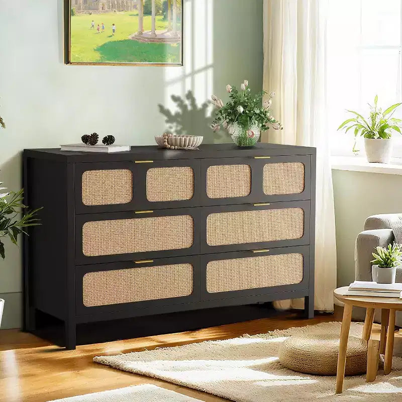 6 Drawer Dresser for Bedroom, Rattan Dresser with Metal Handles, Farmhouse Wood Storage Chest of Drawers for Bedroom, Living Room, Office