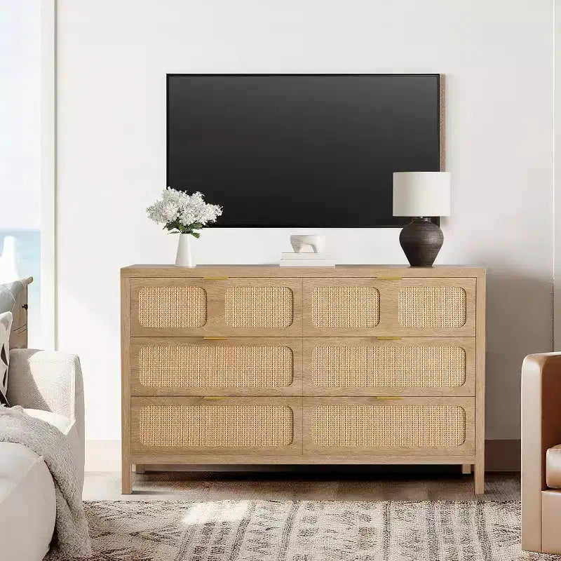 6 Drawer Dresser for Bedroom, Rattan Dresser with Metal Handles, Farmhouse Wood Storage Chest of Drawers for Bedroom, Living Room, Office