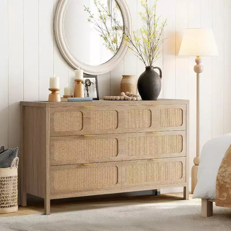 6 Drawer Dresser for Bedroom, Rattan Dresser with Metal Handles, Farmhouse Wood Storage Chest of Drawers for Bedroom, Living Room, Office