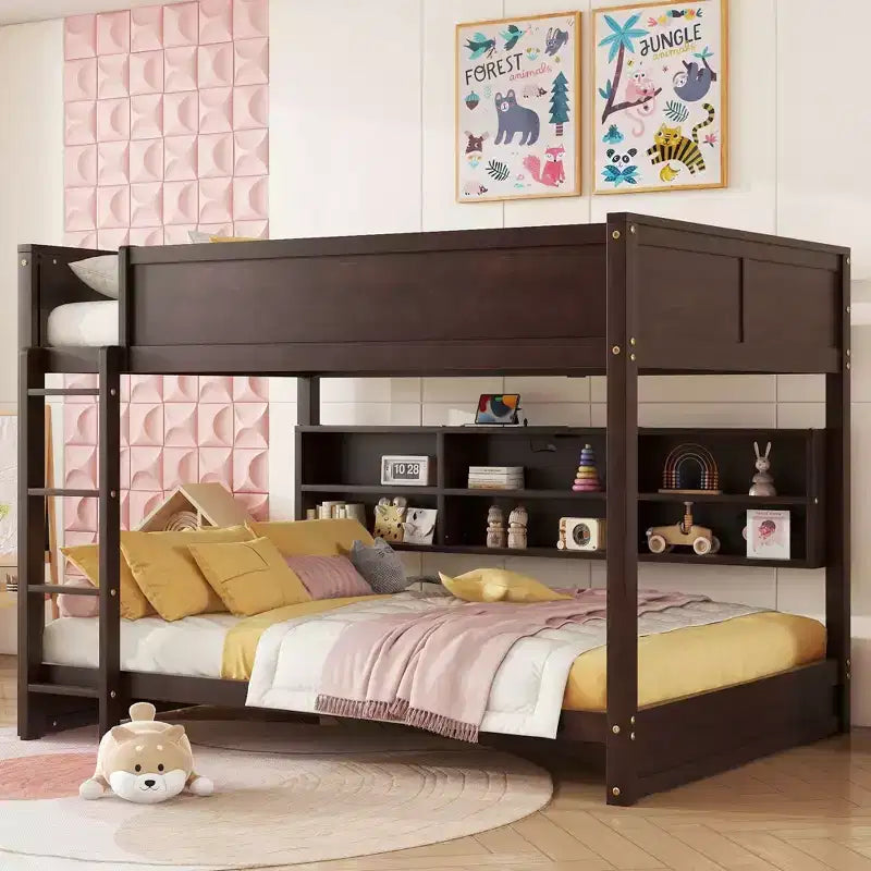 MAYEERTY Queen Over Queen Bunk Bed with Built in Storage Cabinets Charging Station Ladder Guardrails Solid Pine Wood Bunk Bed Brown