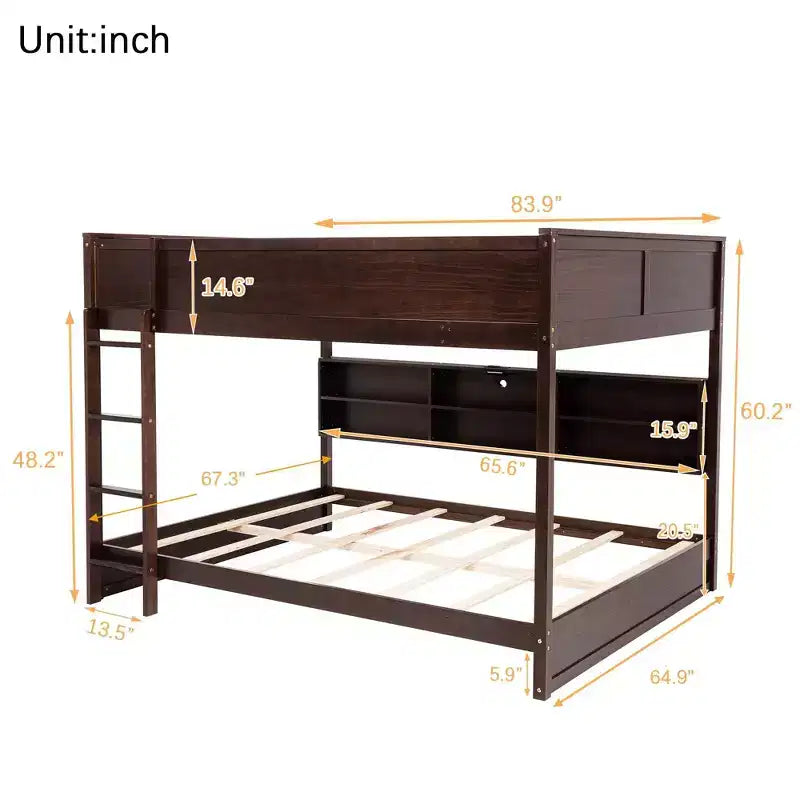 MAYEERTY Queen Over Queen Bunk Bed with Built in Storage Cabinets Charging Station Ladder Guardrails Solid Pine Wood Bunk Bed Brown