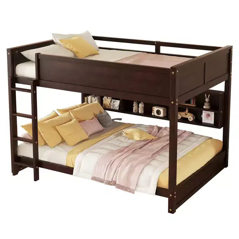 MAYEERTY Queen Over Queen Bunk Bed with Built in Storage Cabinets Charging Station Ladder Guardrails Solid Pine Wood Bunk Bed Brown
