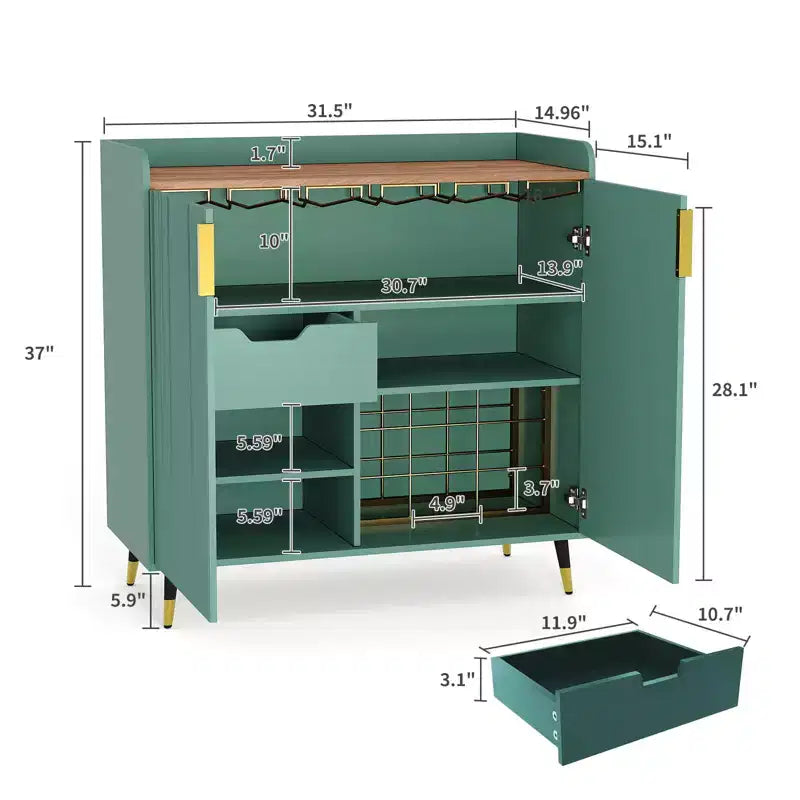 31.5 Wine Bar Cabinet, Wooden Coffee Bar Cabinet with Wine Rack & Glass Holder, Modern Sideboard Buffet Cabinet for Home Living Room Entryway