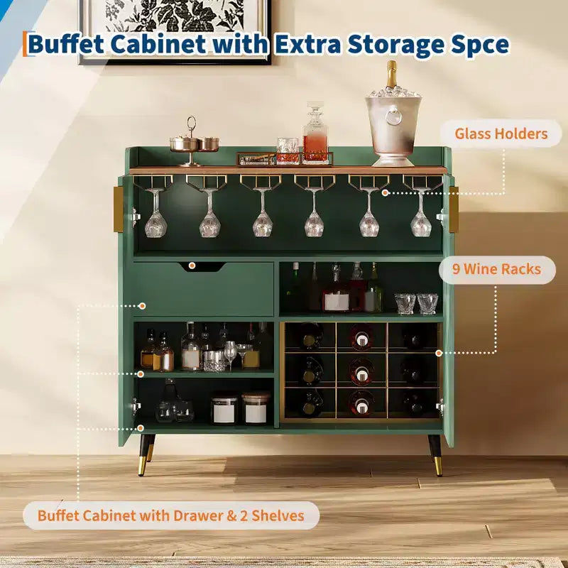 31.5 Wine Bar Cabinet, Wooden Coffee Bar Cabinet with Wine Rack & Glass Holder, Modern Sideboard Buffet Cabinet for Home Living Room Entryway