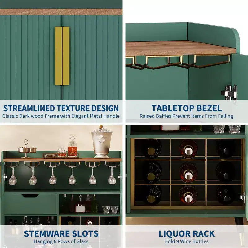 31.5 Wine Bar Cabinet, Wooden Coffee Bar Cabinet with Wine Rack & Glass Holder, Modern Sideboard Buffet Cabinet for Home Living Room Entryway