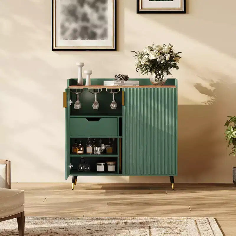 31.5 Wine Bar Cabinet, Wooden Coffee Bar Cabinet with Wine Rack & Glass Holder, Modern Sideboard Buffet Cabinet for Home Living Room Entryway
