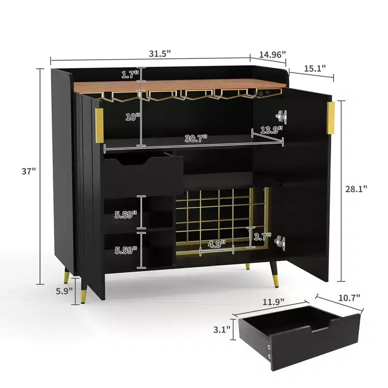 31.5 Wine Bar Cabinet, Wooden Coffee Bar Cabinet with Wine Rack & Glass Holder, Modern Sideboard Buffet Cabinet for Home Living Room Entryway
