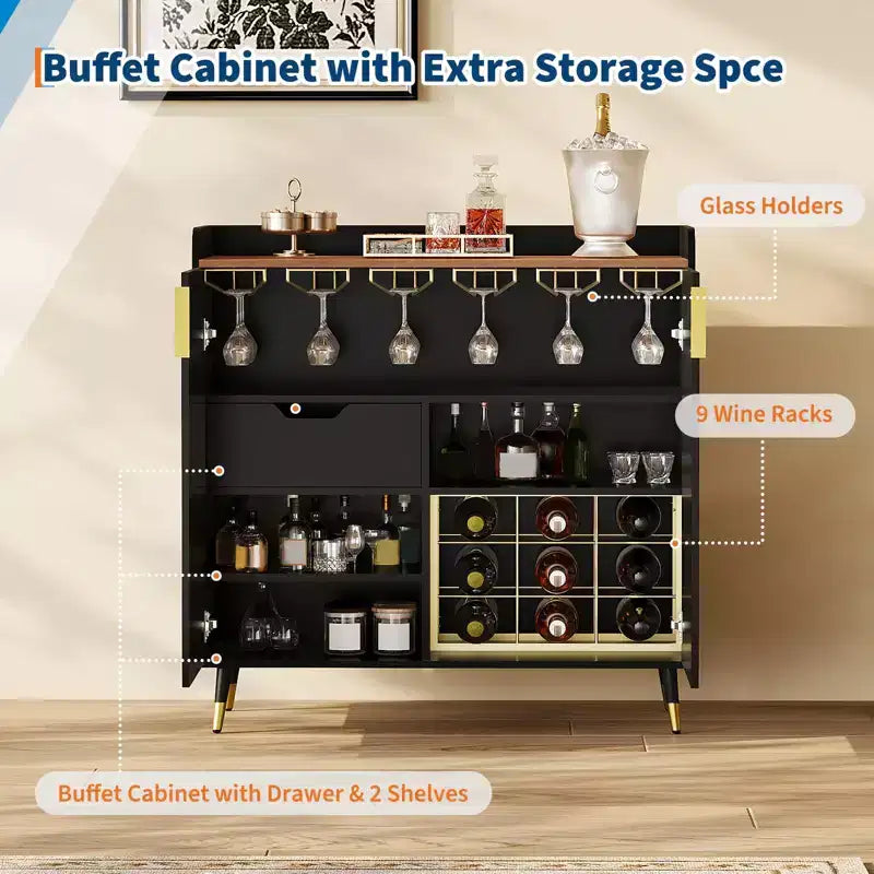 31.5 Wine Bar Cabinet, Wooden Coffee Bar Cabinet with Wine Rack & Glass Holder, Modern Sideboard Buffet Cabinet for Home Living Room Entryway