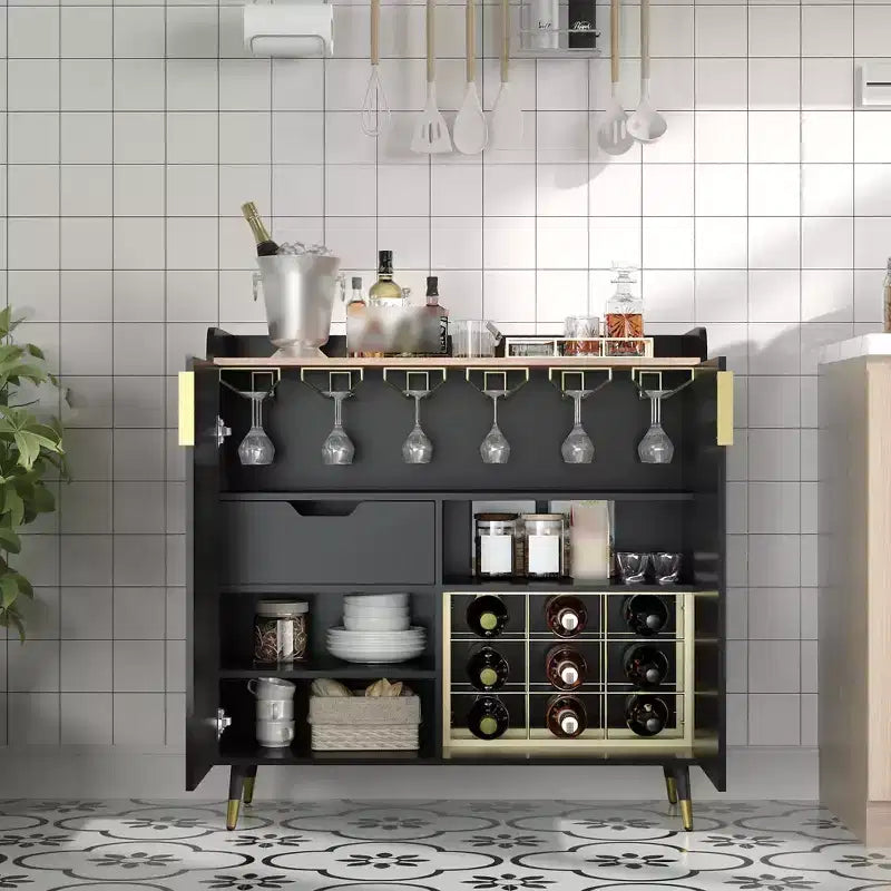 31.5 Wine Bar Cabinet, Wooden Coffee Bar Cabinet with Wine Rack & Glass Holder, Modern Sideboard Buffet Cabinet for Home Living Room Entryway