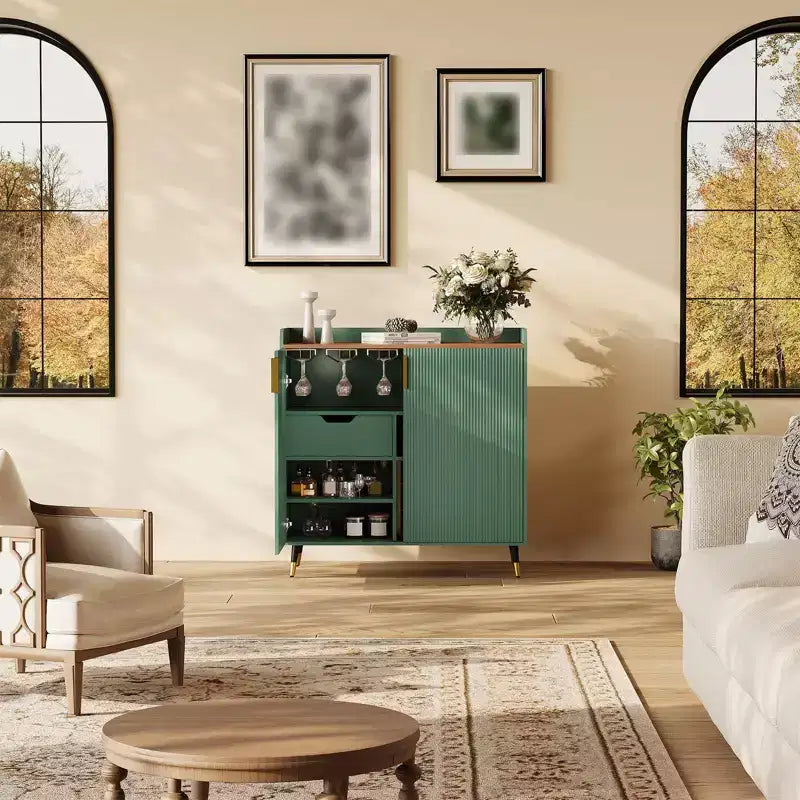 31.5 Wine Bar Cabinet, Wooden Coffee Bar Cabinet with Wine Rack & Glass Holder, Modern Sideboard Buffet Cabinet for Home Living Room Entryway
