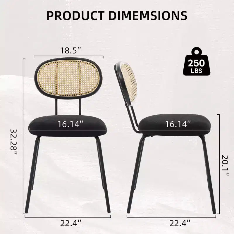 Set of 2 Metal Dining Chairs, Modern Upholstered Kitchen Chairs with Woven Grid Back & Sturdy Metal Frame, Farmhouse Style, Black