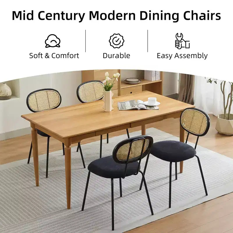 Set of 2 Metal Dining Chairs, Modern Upholstered Kitchen Chairs with Woven Grid Back & Sturdy Metal Frame, Farmhouse Style, Black