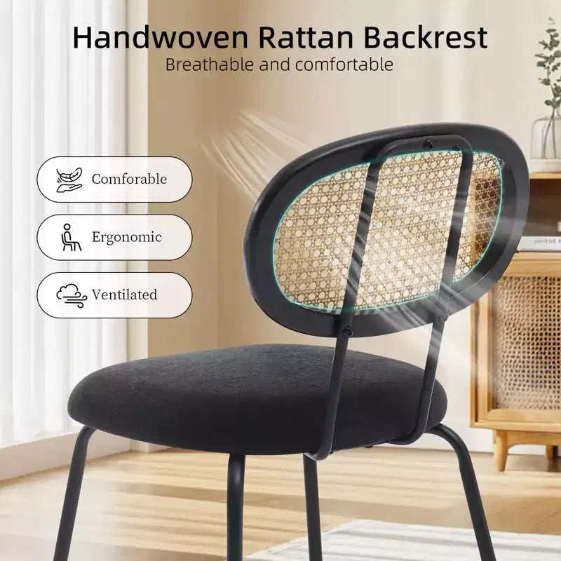 Set of 2 Metal Dining Chairs, Modern Upholstered Kitchen Chairs with Woven Grid Back & Sturdy Metal Frame, Farmhouse Style, Black