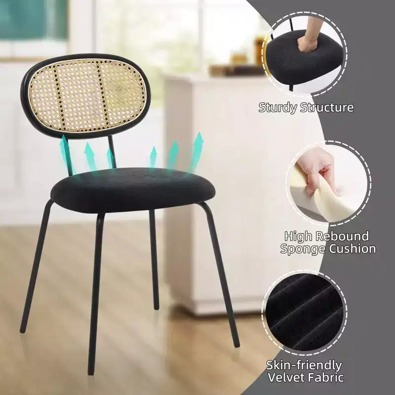 Set of 2 Metal Dining Chairs, Modern Upholstered Kitchen Chairs with Woven Grid Back & Sturdy Metal Frame, Farmhouse Style, Black