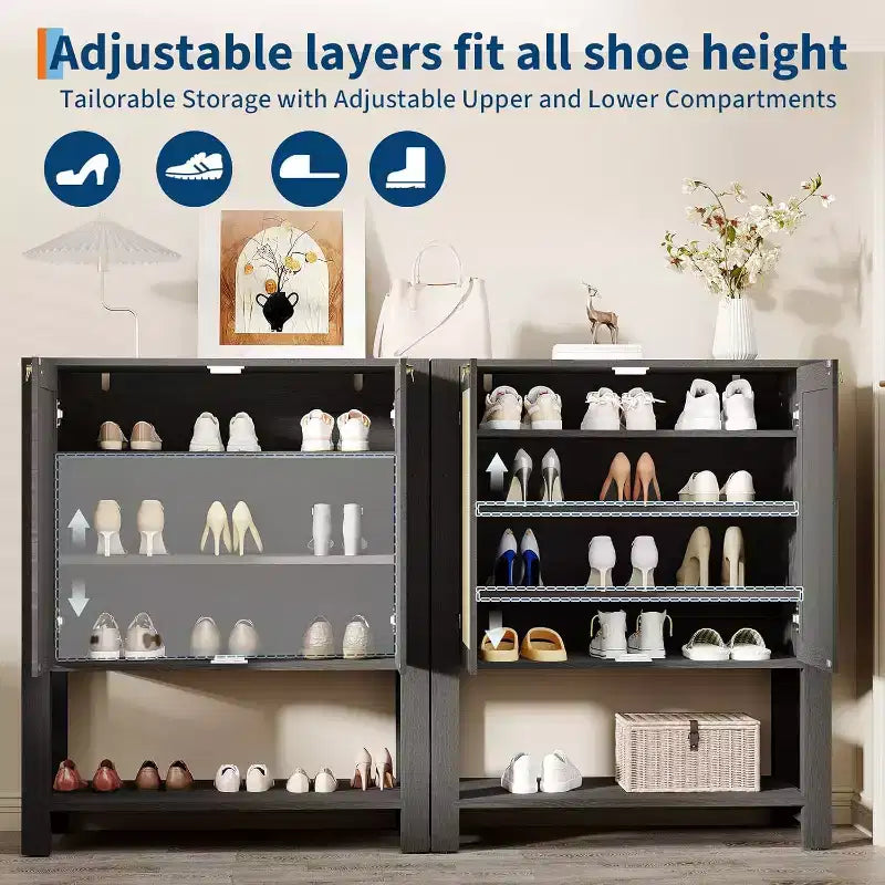 Shoe Storage Cabinet, Farmhouse Shoe Cabinet for Entryway, 5-Tier Shoe Organizer with Doors and Shelves, Narrow Hidden Freestanding Shoe Rack Cabinet