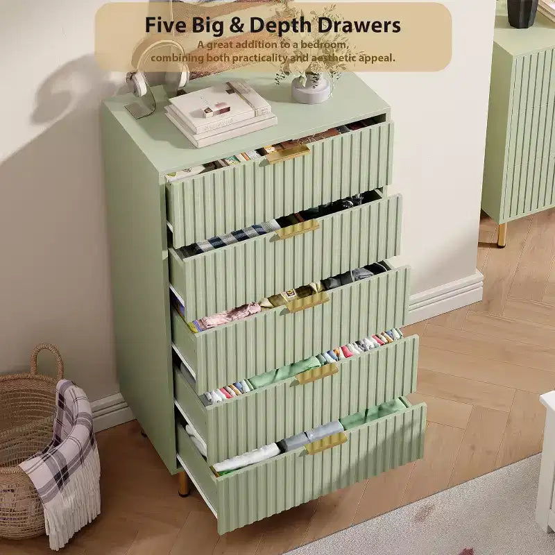 Fluted 5 Drawer Storage Dresser, Tall Modern Chest with Ample Deep Drawers and Wide Top, Wooden Organizer for Living Room, Hallway, and Kids Room