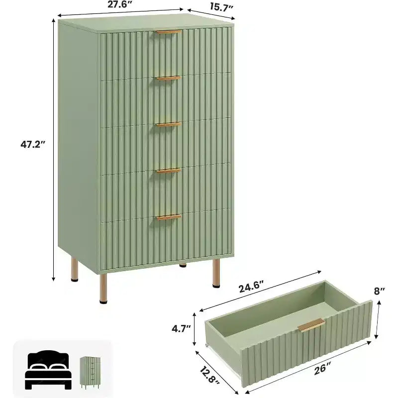 Fluted 5 Drawer Storage Dresser, Tall Modern Chest with Ample Deep Drawers and Wide Top, Wooden Organizer for Living Room, Hallway, and Kids Room
