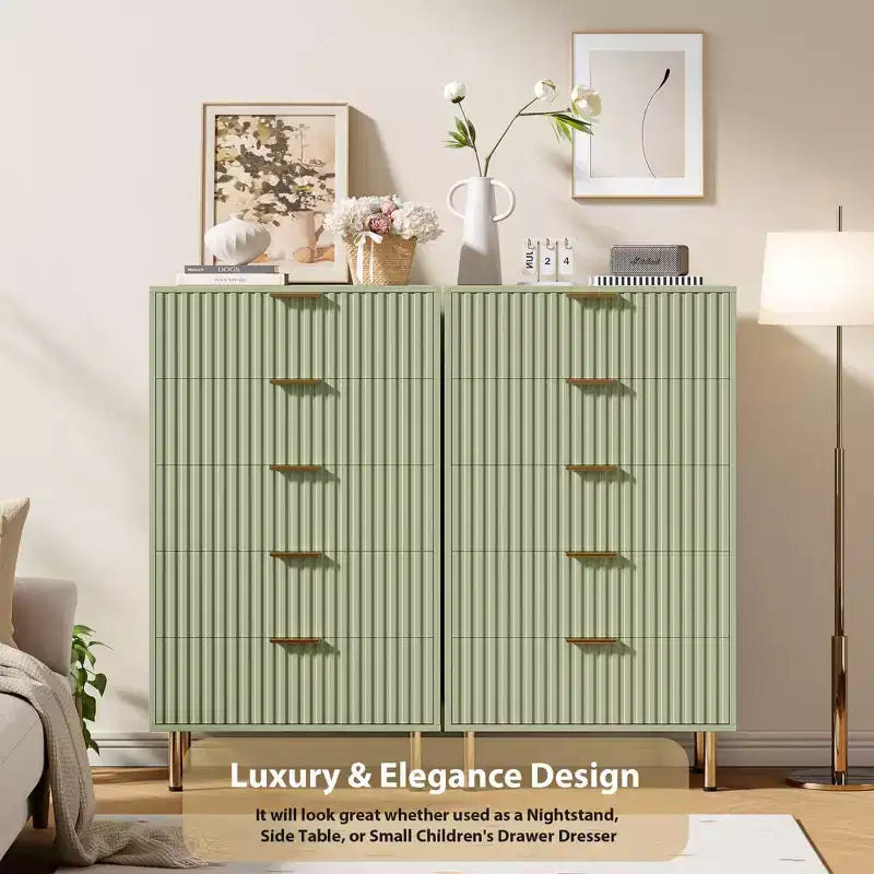 Fluted 5 Drawer Storage Dresser, Tall Modern Chest with Ample Deep Drawers and Wide Top, Wooden Organizer for Living Room, Hallway, and Kids Room