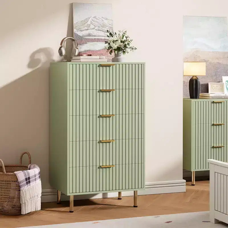 Fluted 5 Drawer Storage Dresser, Tall Modern Chest with Ample Deep Drawers and Wide Top, Wooden Organizer for Living Room, Hallway, and Kids Room
