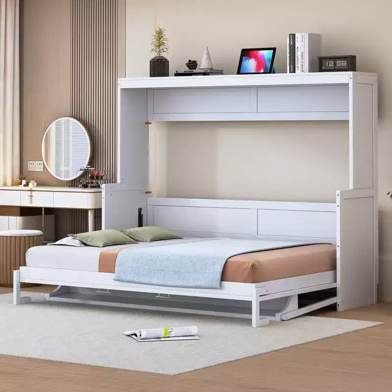 Full/Queen Murphy Bed Wall Bed with Hydraulic Lift, Wood Cabinet Bed Folding Wall Bed with Desk for Guest Room Office