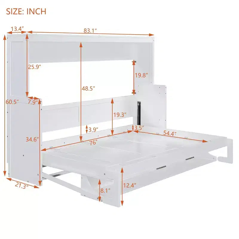 Full/Queen Murphy Bed Wall Bed with Hydraulic Lift, Wood Cabinet Bed Folding Wall Bed with Desk for Guest Room Office