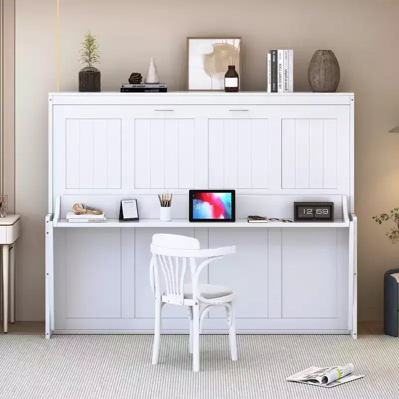 Full/Queen Murphy Bed Wall Bed with Hydraulic Lift, Wood Cabinet Bed Folding Wall Bed with Desk for Guest Room Office