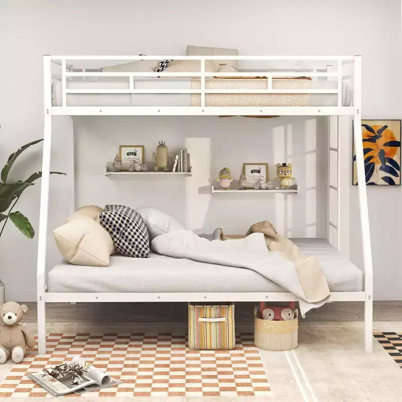 Costway Twin Over Full Metal Bunk Bed with Integrated Ladder Full-length Guardrail Black/White