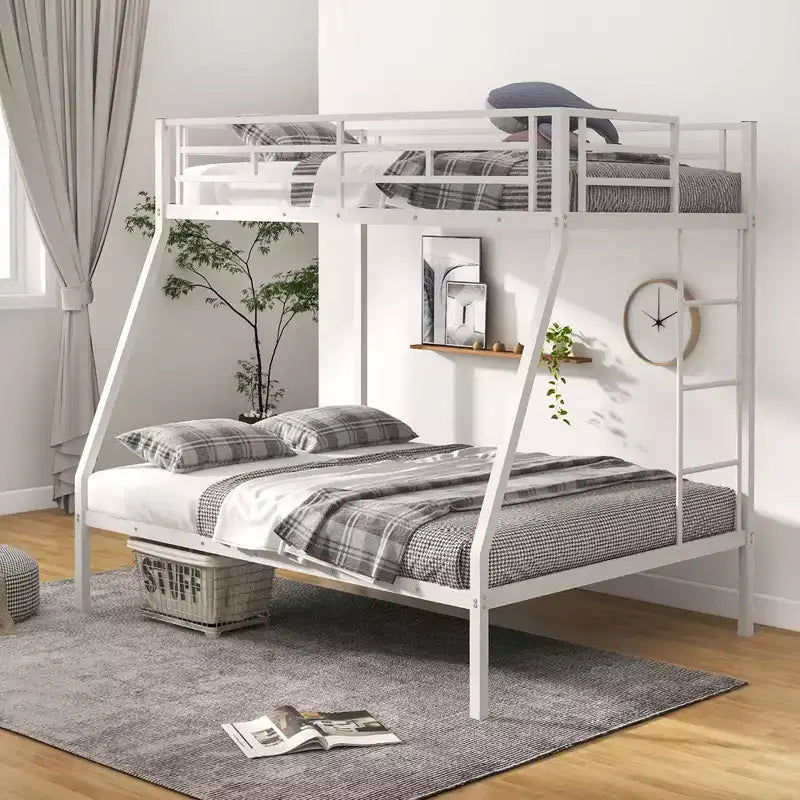 Costway Twin Over Full Metal Bunk Bed with Integrated Ladder Full-length Guardrail Black/White