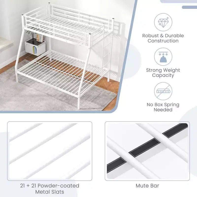 Costway Twin Over Full Metal Bunk Bed with Integrated Ladder Full-length Guardrail Black/White