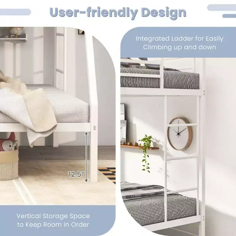 Costway Twin Over Full Metal Bunk Bed with Integrated Ladder Full-length Guardrail Black/White