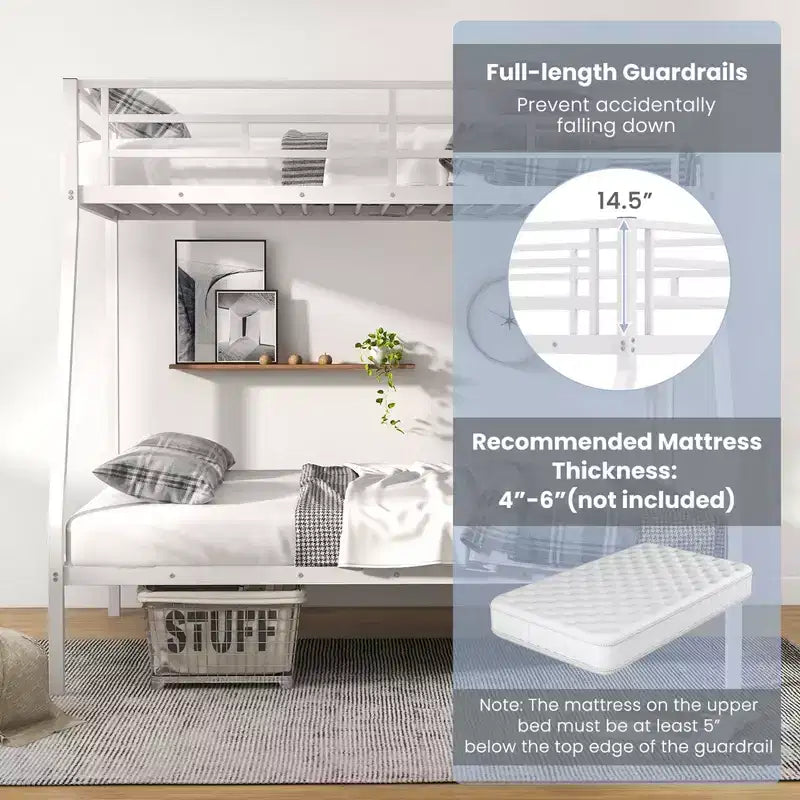 Costway Twin Over Full Metal Bunk Bed with Integrated Ladder Full-length Guardrail Black/White
