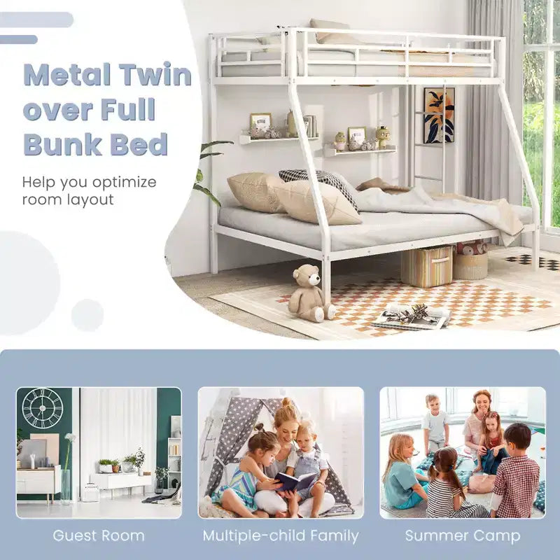 Costway Twin Over Full Metal Bunk Bed with Integrated Ladder Full-length Guardrail Black/White