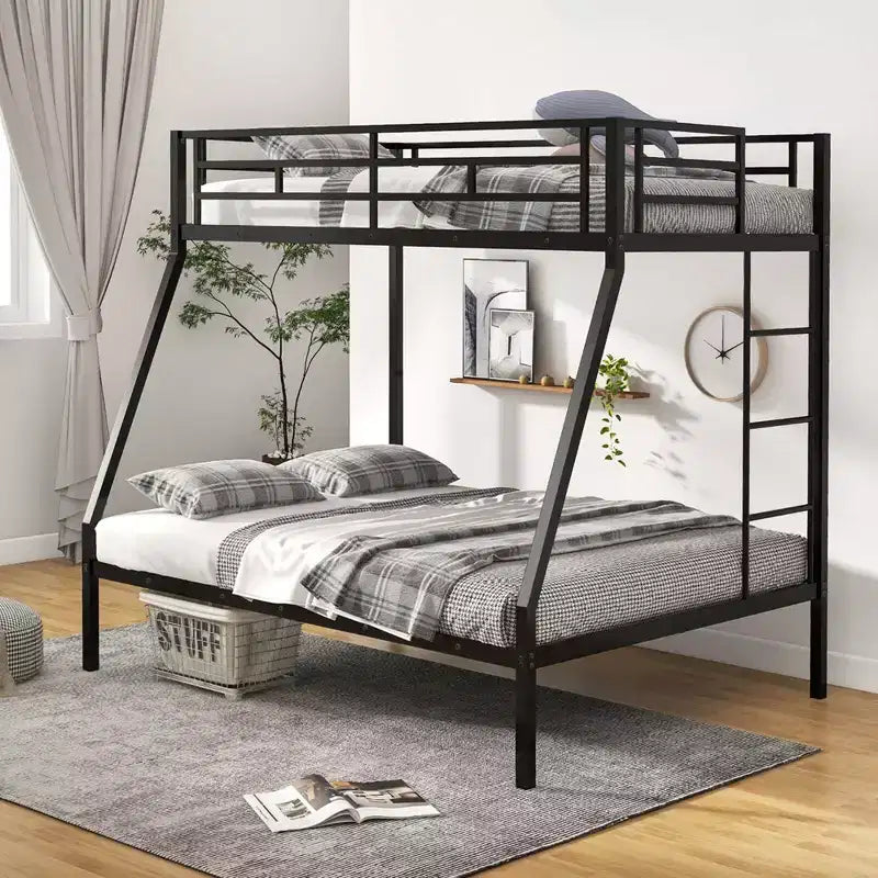 Costway Twin Over Full Metal Bunk Bed with Integrated Ladder Full-length Guardrail Black/White