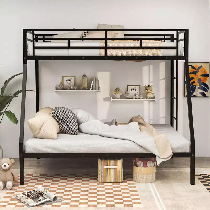 Costway Twin Over Full Metal Bunk Bed with Integrated Ladder Full-length Guardrail Black/White