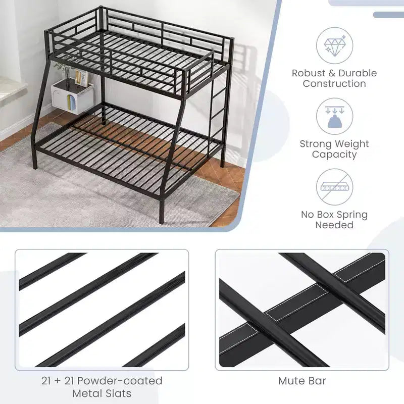 Costway Twin Over Full Metal Bunk Bed with Integrated Ladder Full-length Guardrail Black/White