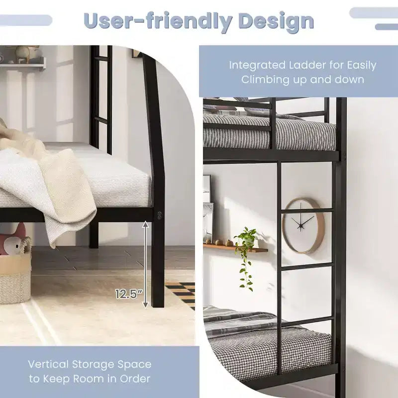 Costway Twin Over Full Metal Bunk Bed with Integrated Ladder Full-length Guardrail Black/White