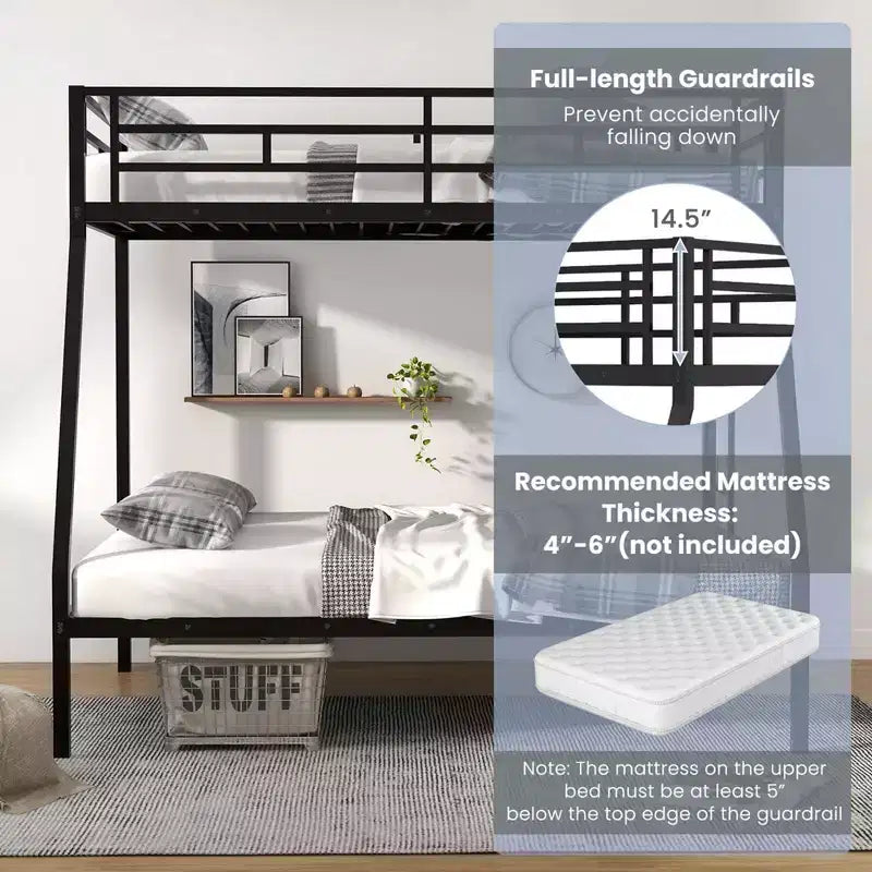 Costway Twin Over Full Metal Bunk Bed with Integrated Ladder Full-length Guardrail Black/White