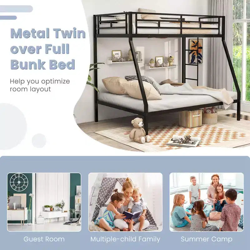 Costway Twin Over Full Metal Bunk Bed with Integrated Ladder Full-length Guardrail Black/White