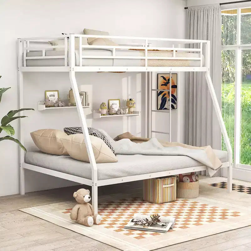 Costway Twin Over Full Metal Bunk Bed with Integrated Ladder Full-length Guardrail Black/White
